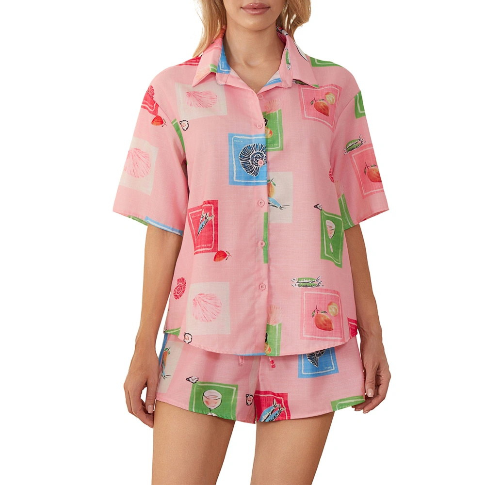 Women's Set, Button Down Short Sleeve Shirt + Elastic Waist Shorts 