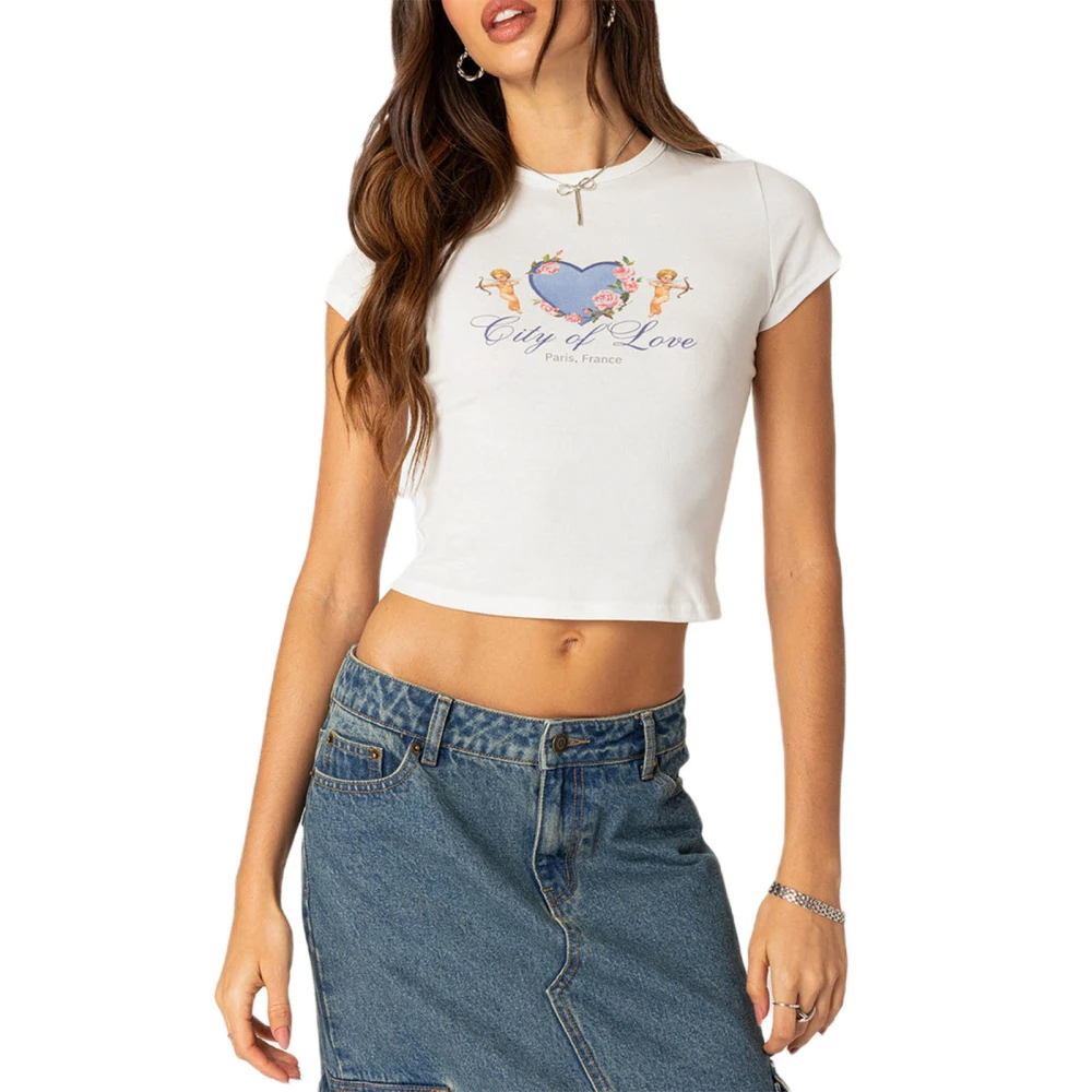 Women Crop Tops White Short Sleeve Heart Angel Print T-shirt