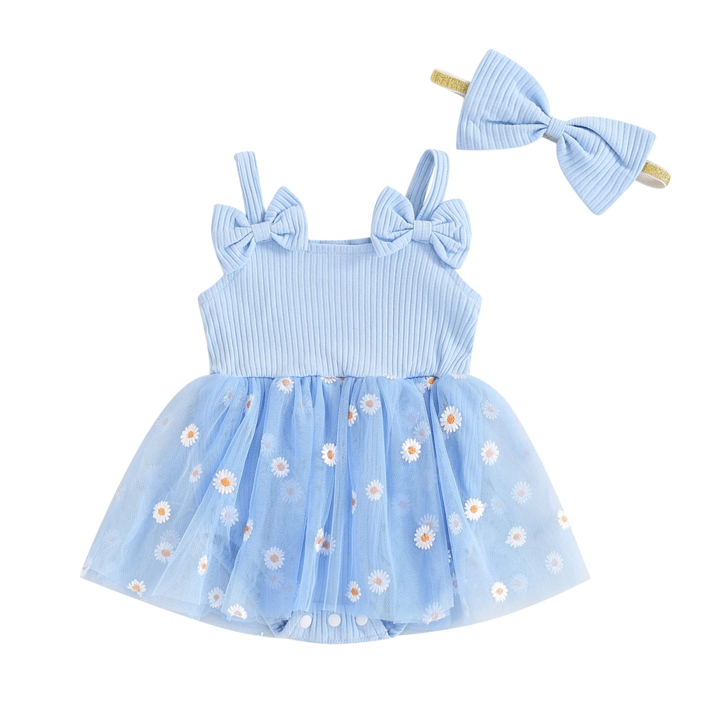 Baby Girl Outfit, Floral Sleeveless Tulle Romper Dress with Hairband