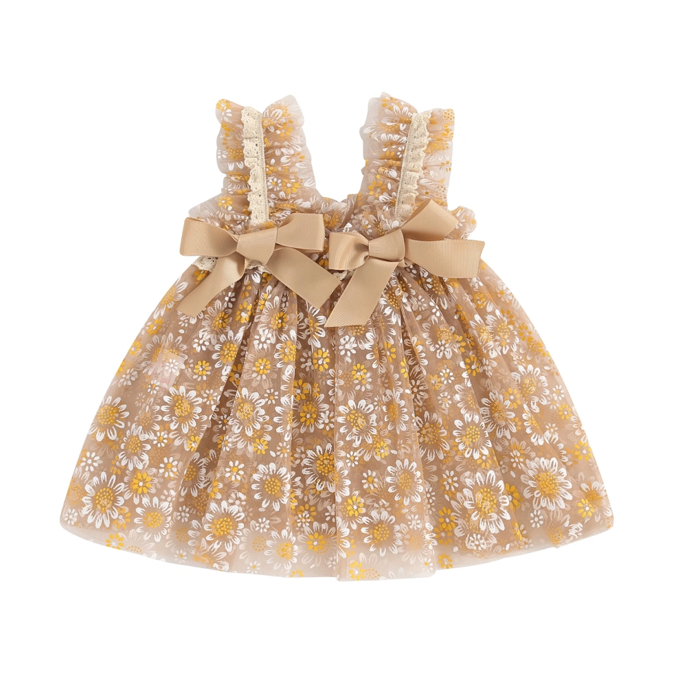 Girl Summer Tulle Dress Daisy Print Sleeveless Bow Summer Dress