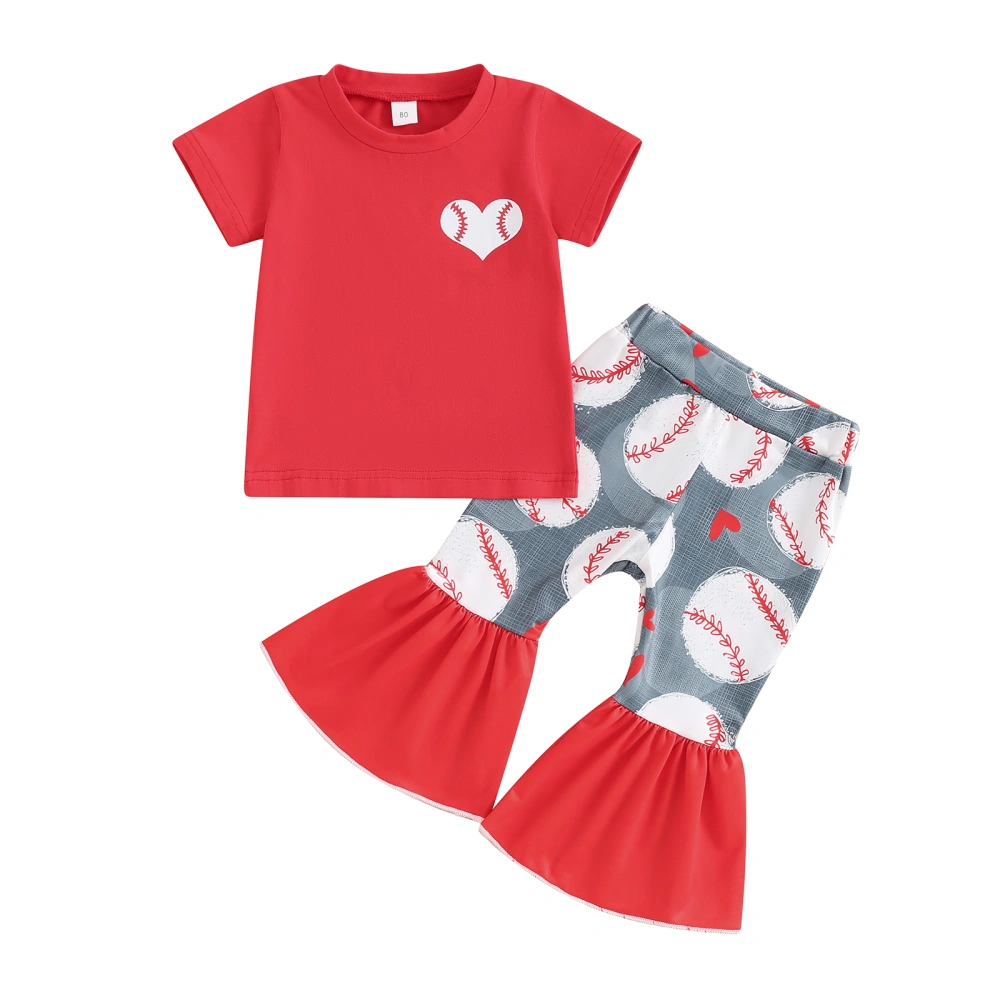 Baby Girl 2Pcs Baseball Outfits Heart Print Tops + Flare Pants Set