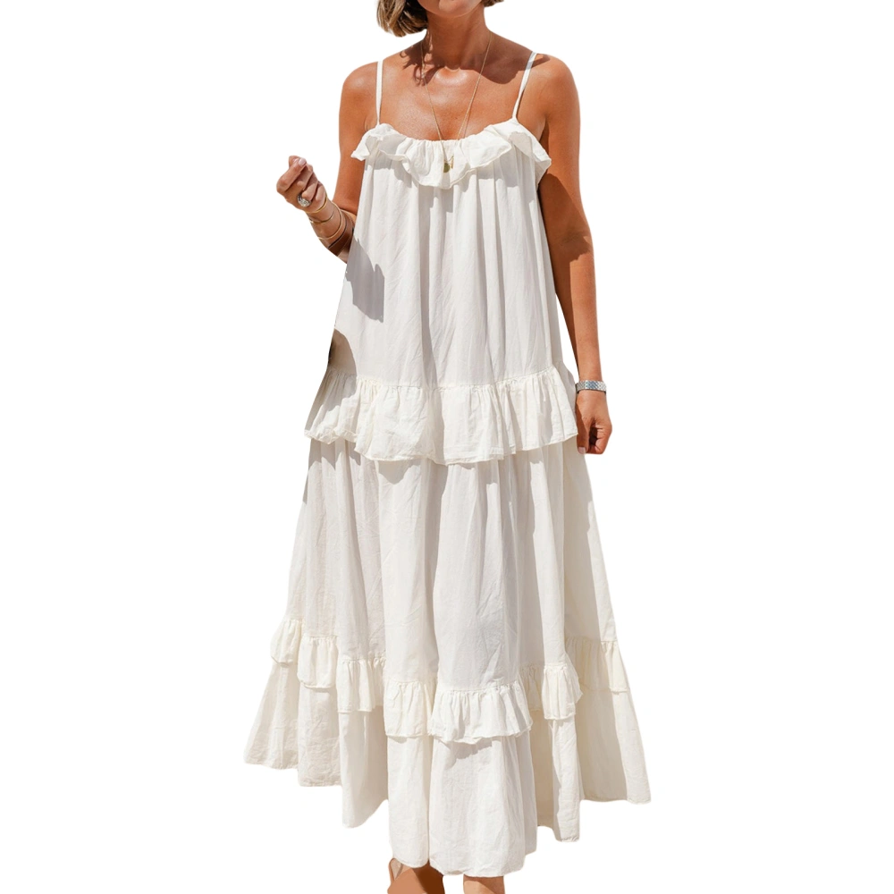 Women's Long Cami Dress Loose Tiered Ruffled Spaghetti Strap Dress 