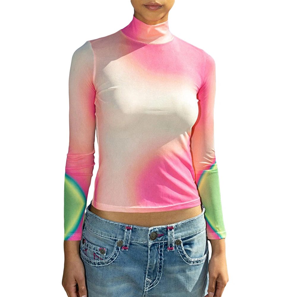 Women Turtleneck Tops Gradient See-Through Mesh Long Sleeve Shirt