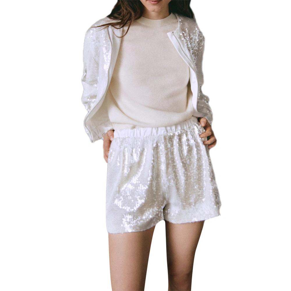 Women Sequin Shorts, Elastic Waist Shiny Summer Casual Shorts