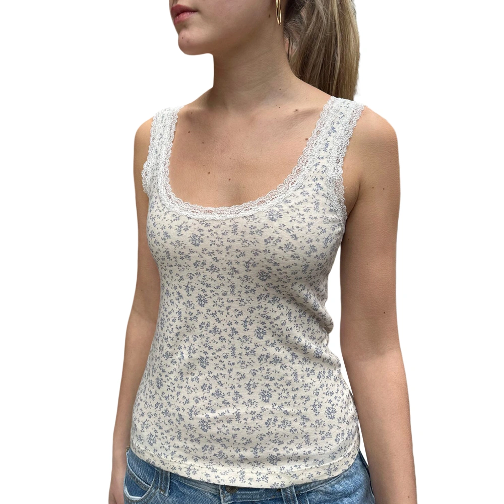 Women’s Floral Print Tank Tops Sleeveless Scoop Neck Lace Trim Tops