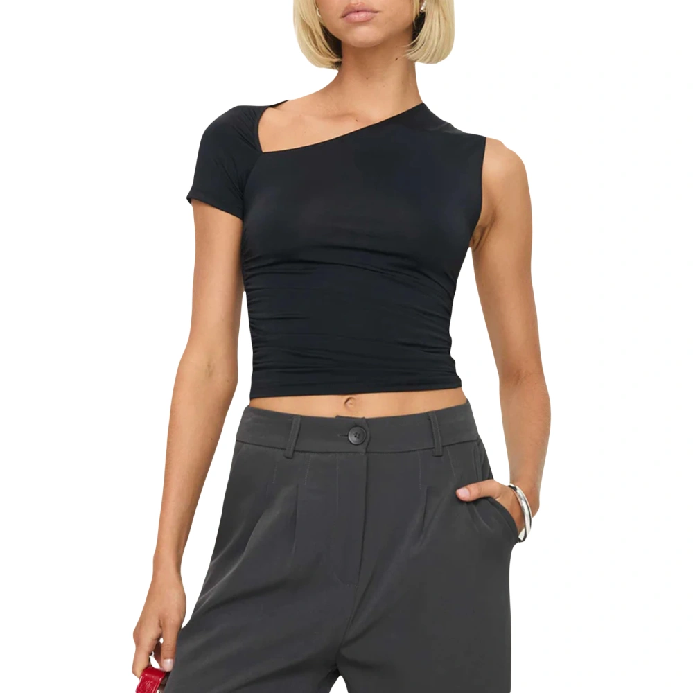 Women's Asymmetrical Slim Crop Tops Solid Short Sleeve Ruched T-Shirt 