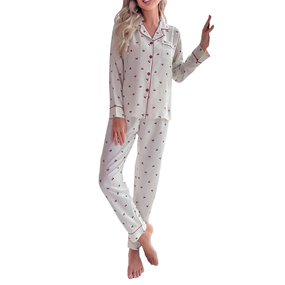 Women Pajama Set, Cherry Print Long Sleeve Button Closure Tops Pants