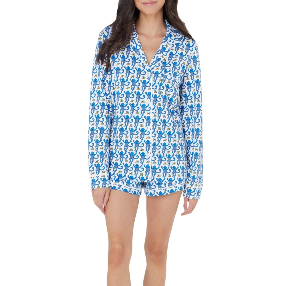 Women Pajama Set, Monkey Print Long Sleeve Button-down Top with Shorts