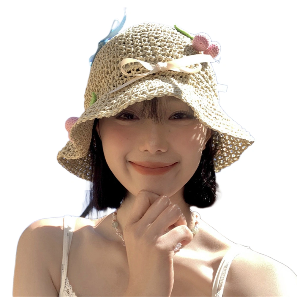 Women Straw Bucket Hat Hollowed out Cute Bow Summer Sun Protection Hat