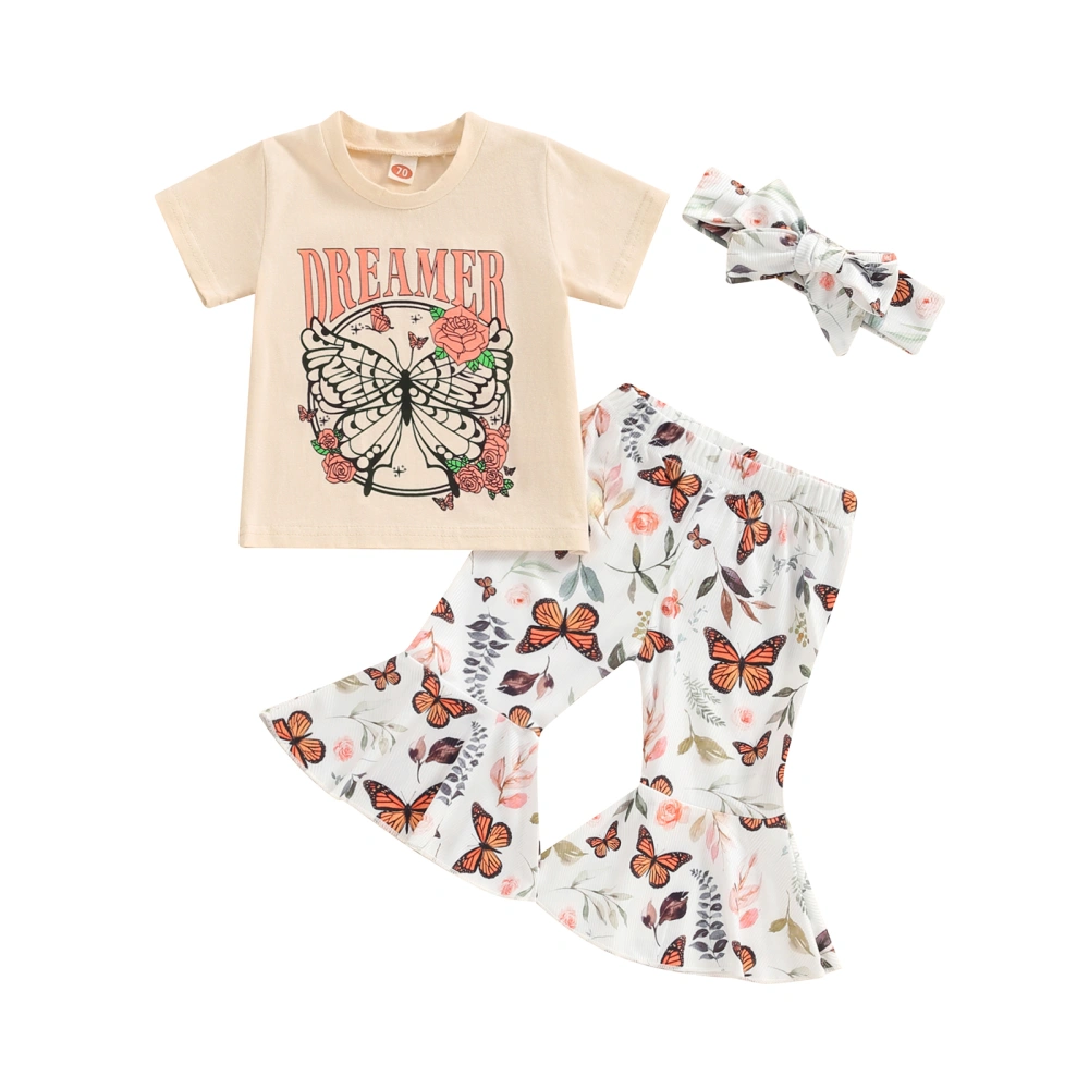 Girls Summer Outfits Butterfly Print T-Shirt and Flare Pants Headbands