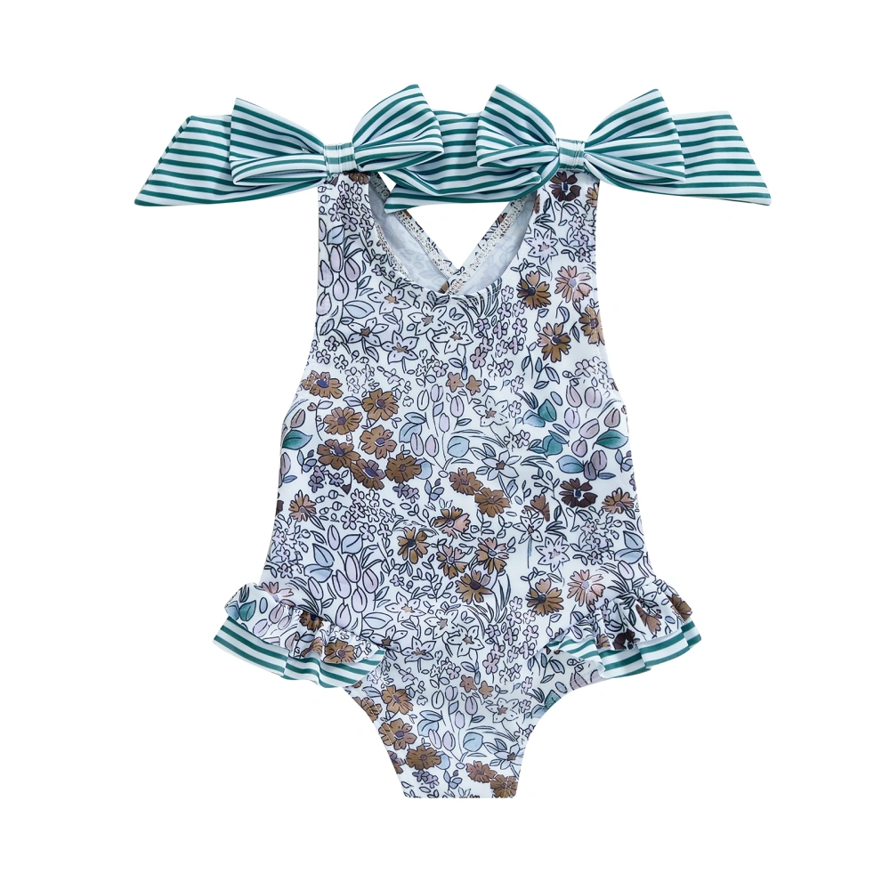 Little Girl Swimsuit 3D Bow Round Neck Sleeveless Floral Bathing Suit 