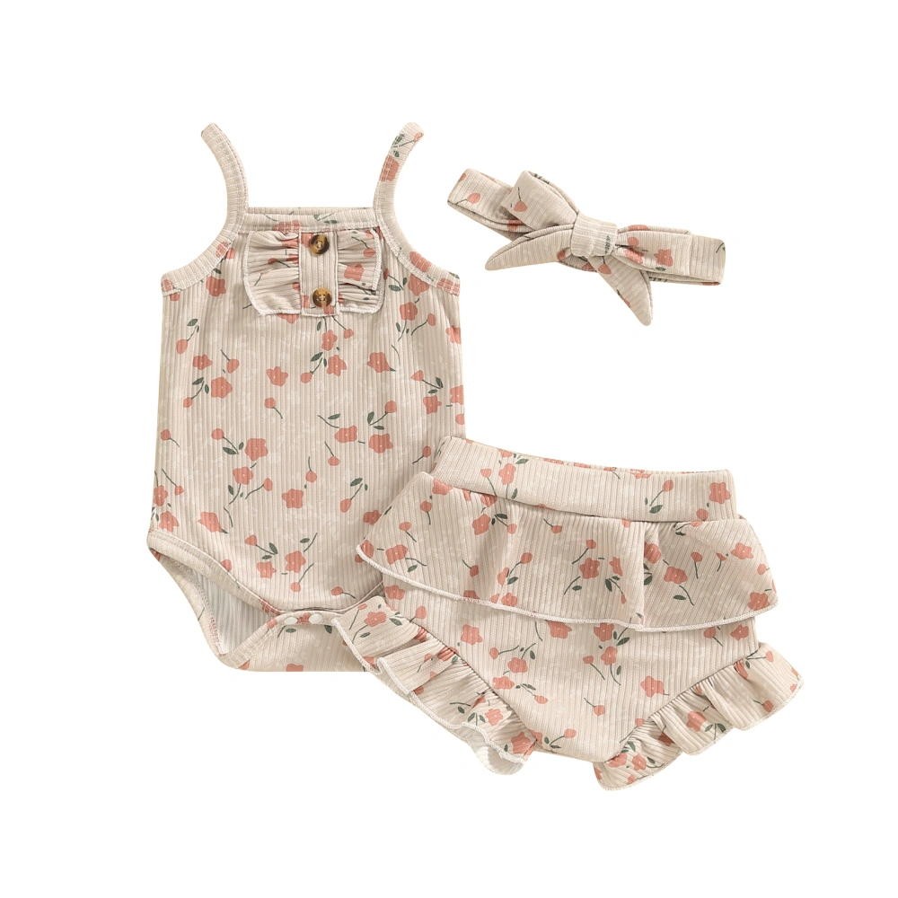 Baby Girls Summer Outfit Button Front Romper + Shorts + Headband