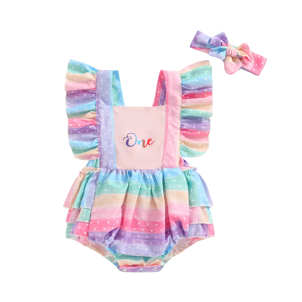 Baby Girl Outfits, Letter Print Fly Sleeve Rainbow Romper Headband 