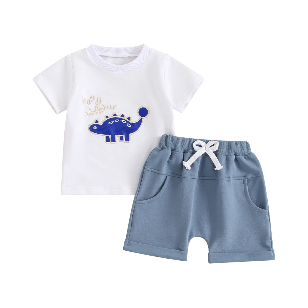 Boy Summer Outfit Dinosaur Embroidery Short Sleeve Tops Solid Shorts