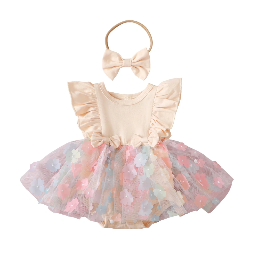 Girls Romper Headband Flying Sleeve Floral Tulle Patchwork Jumpsuit 