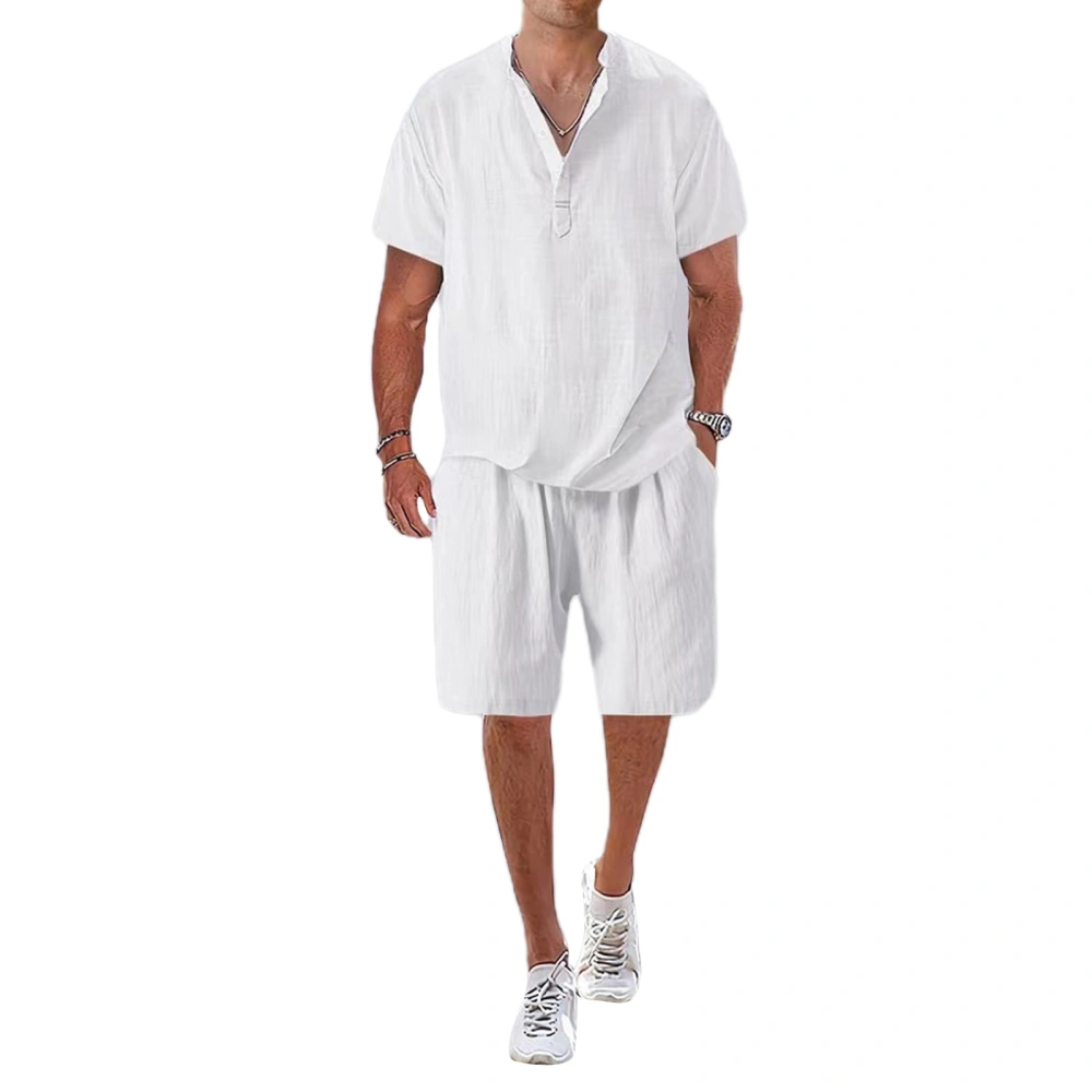 Men Beachwear Sets Short Sleeve Button Up Tops Solid Color Shorts Set