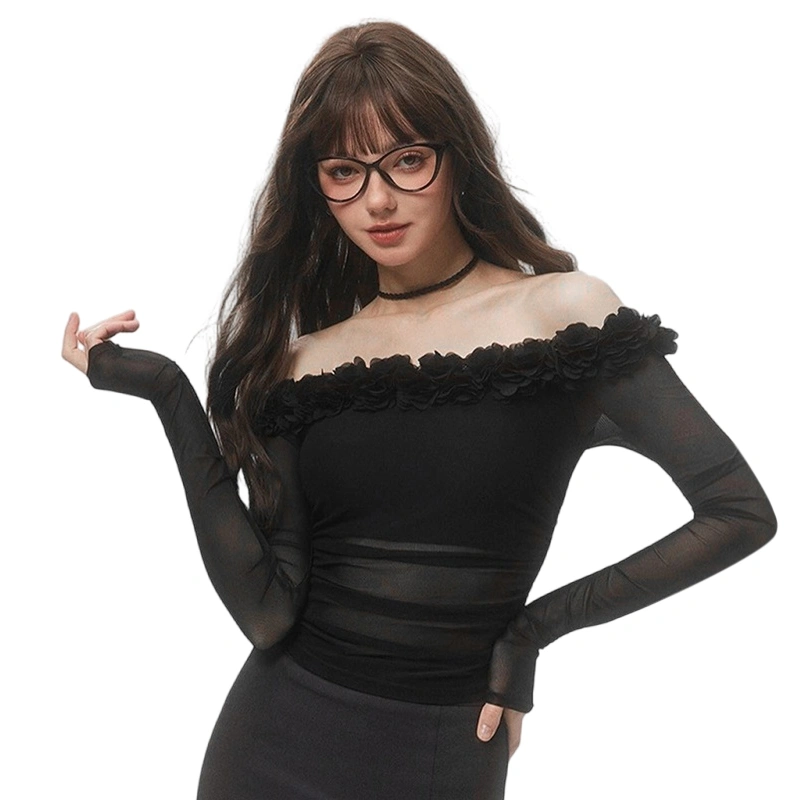 Women's Crop Mesh Shirt Slim Ruched Off Shoulder Long Sleeve Tops 