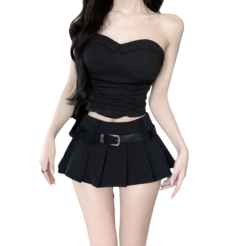 Women Summer Pleated Skirt Solid Color A-Line Mini Skirt with Belt