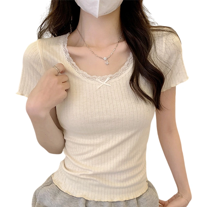 Women Ribbed Tops Slim Lace Trim Bow Round Neck Short Sleeve T-Shirt 