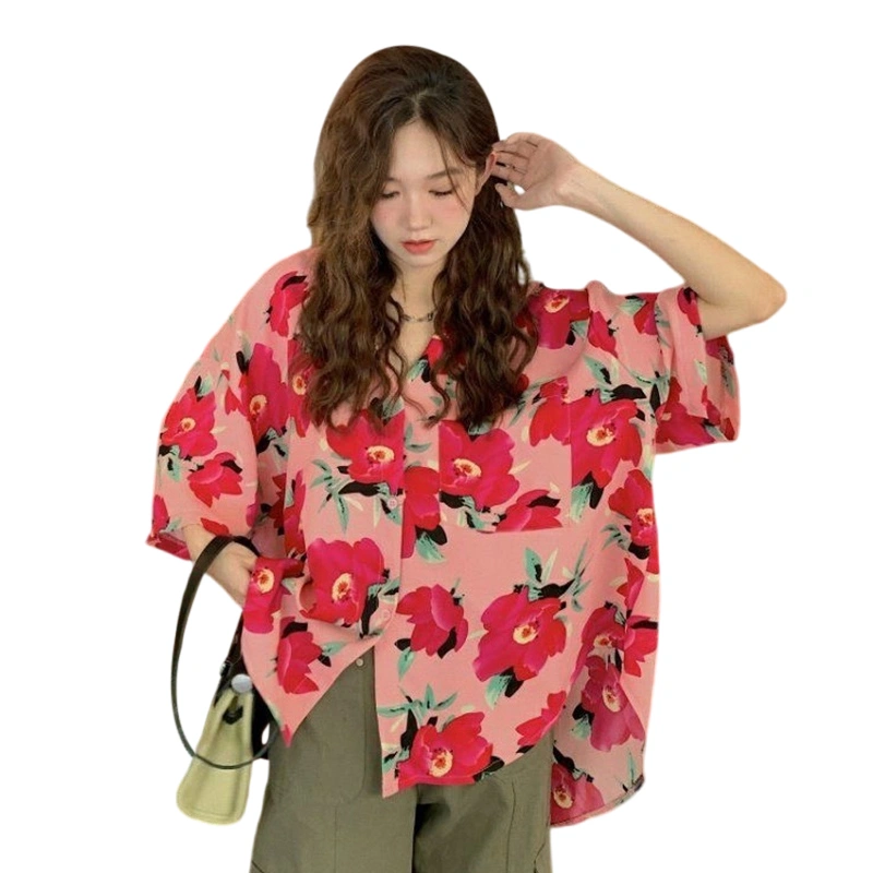 Women Short Sleeve Shirts Buttons Turn-Down Collar Loose Blouses