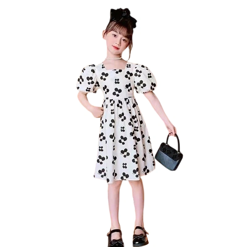 Girl’s Princess Dress, Puff Sleeve Flower Print Hollowed A-line Dress