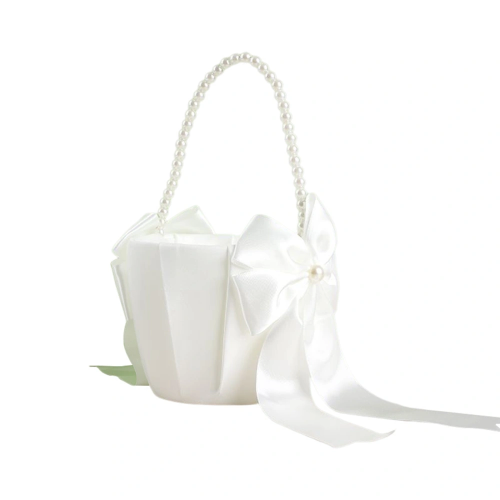 White Flower Girl Baskets Wedding Baskets with Pearl Holder Bowknot