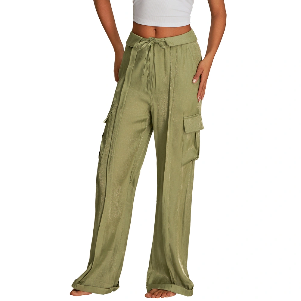 Women Wide-Leg Pants Solid Color Zipper Drawstring Loose Trousers