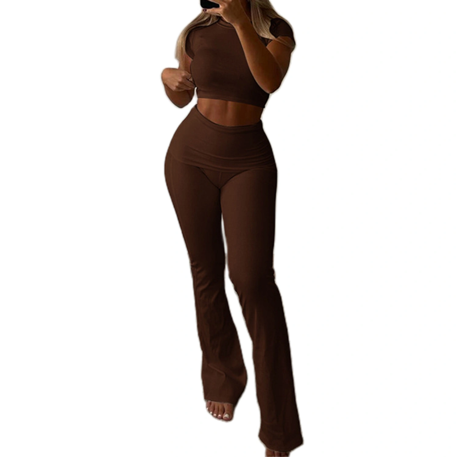 Women’s 2 Piece Outfits Crop Tops + High Waist Bootcut Pants Set