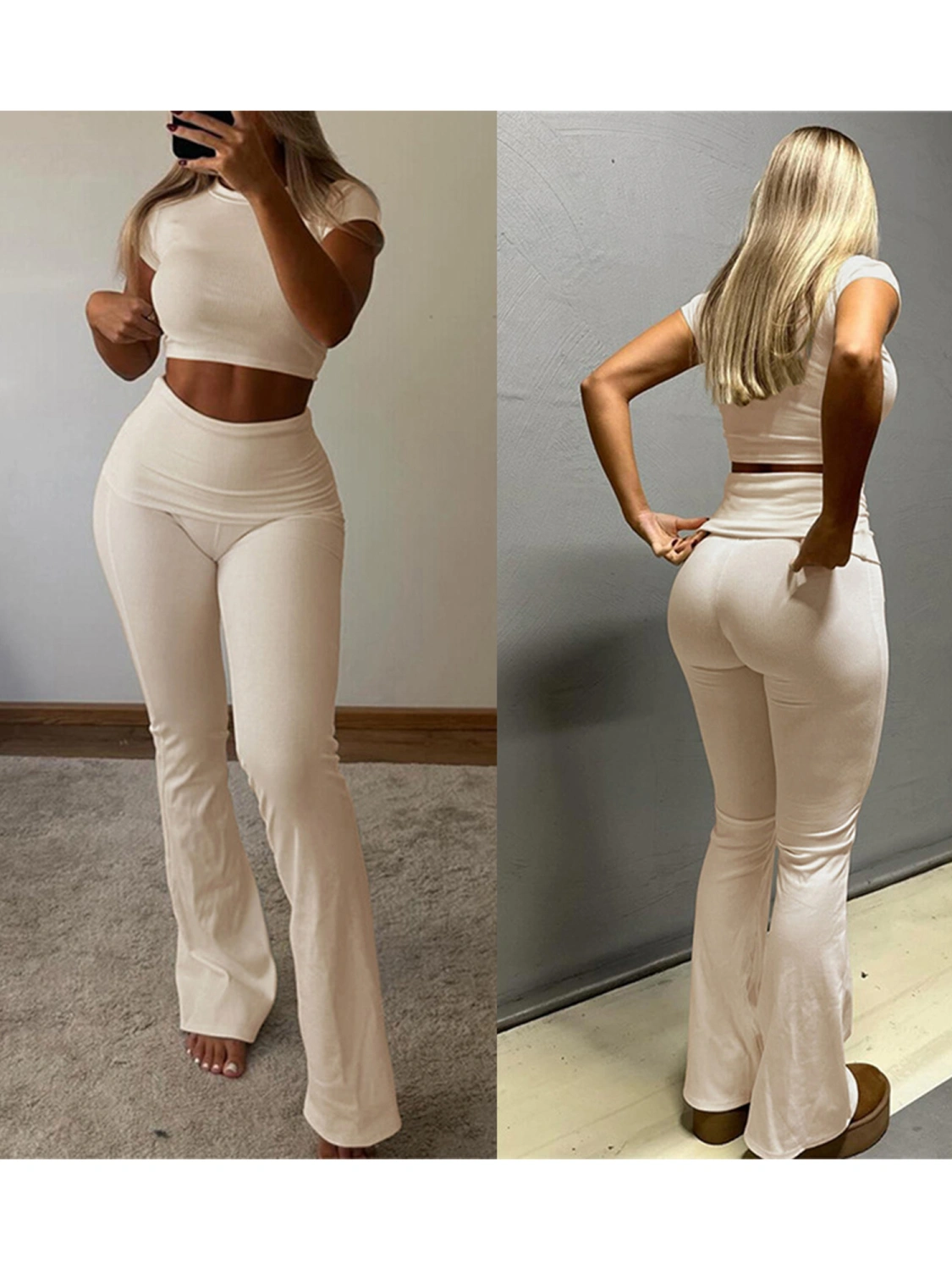 Women’s 2 Piece Outfits Crop Tops + High Waist Bootcut Pants Set
