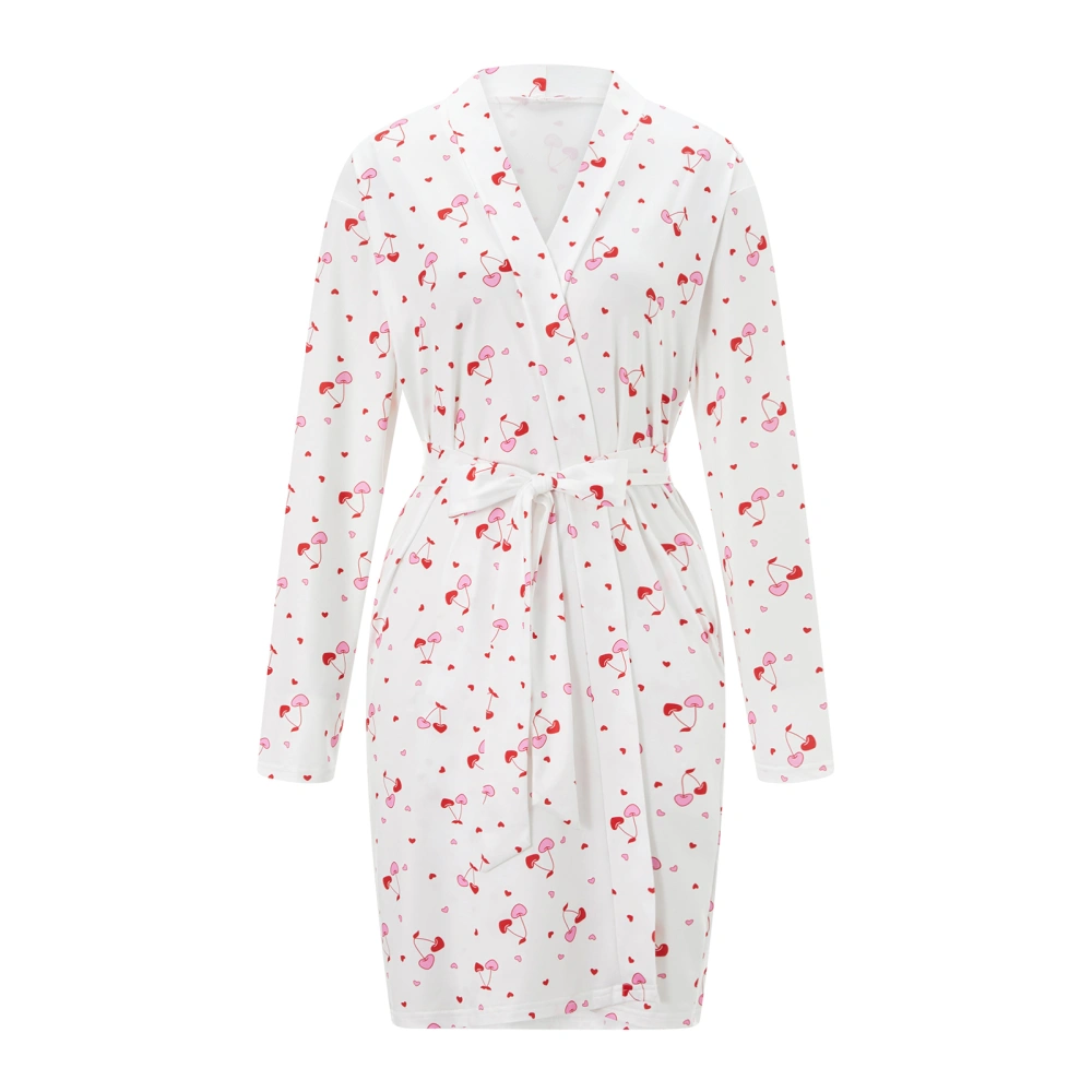 Women's Sleep Robe Long Sleeve V Neck Belted Cherry Print Nightgown 