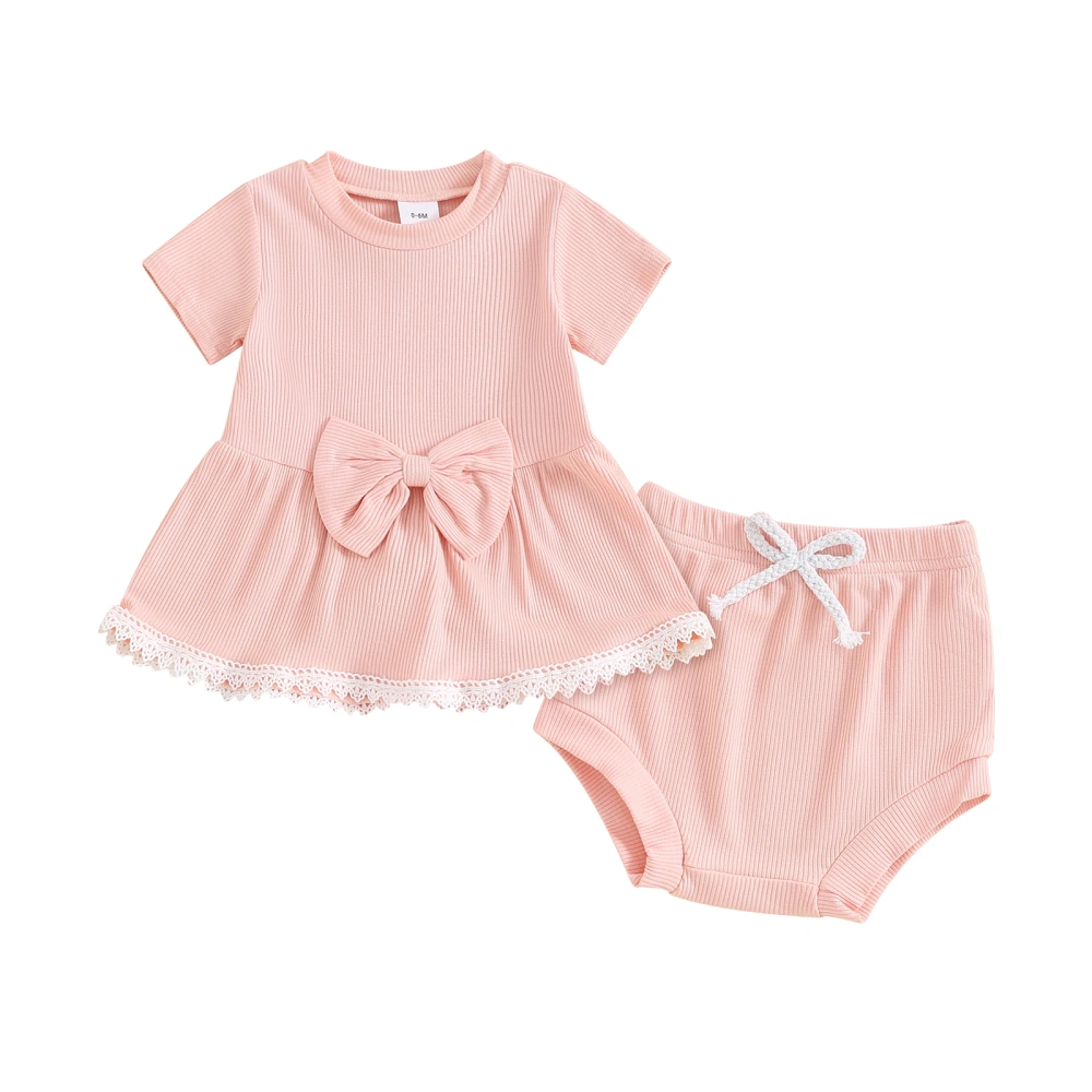 Baby Girls Outfits Short Sleeve Lace Trim Hem T-Shirt Solid Shorts