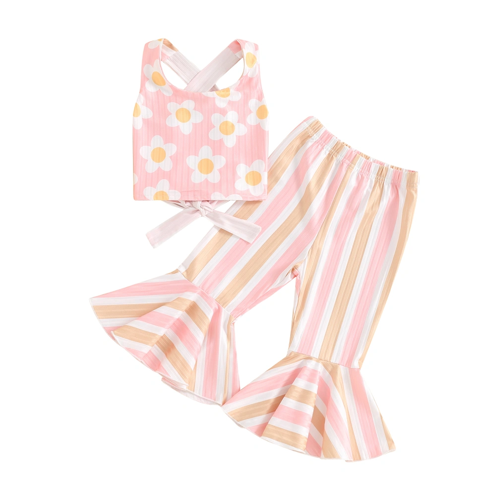 Little Girls Set, Flower Back Tie-up Tank Tops Striped Flare Pants 