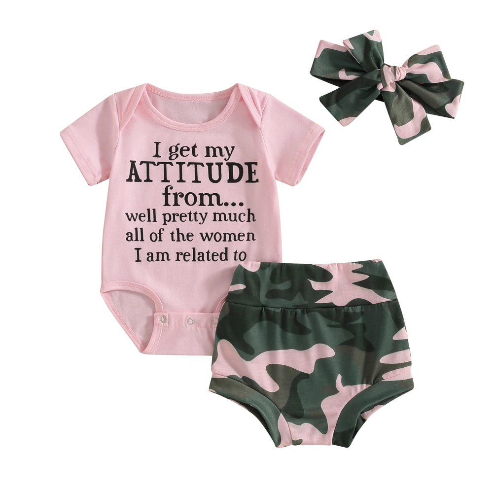 Girl Summer Outfits Letter Print Romper and Camouflage Shorts Headband