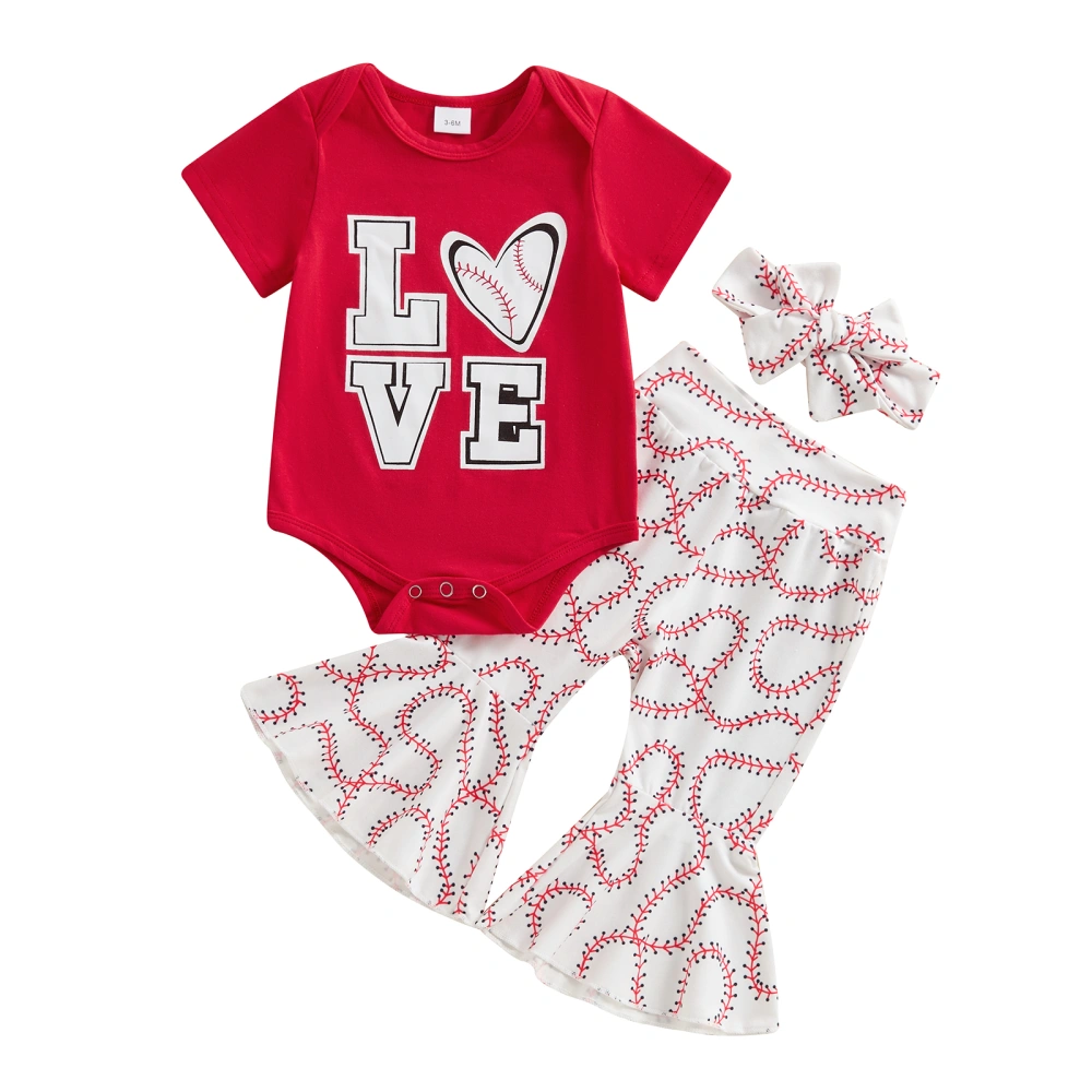 Baby Girl Baseball Outfits Heart Print Romper with Pants Headband Set