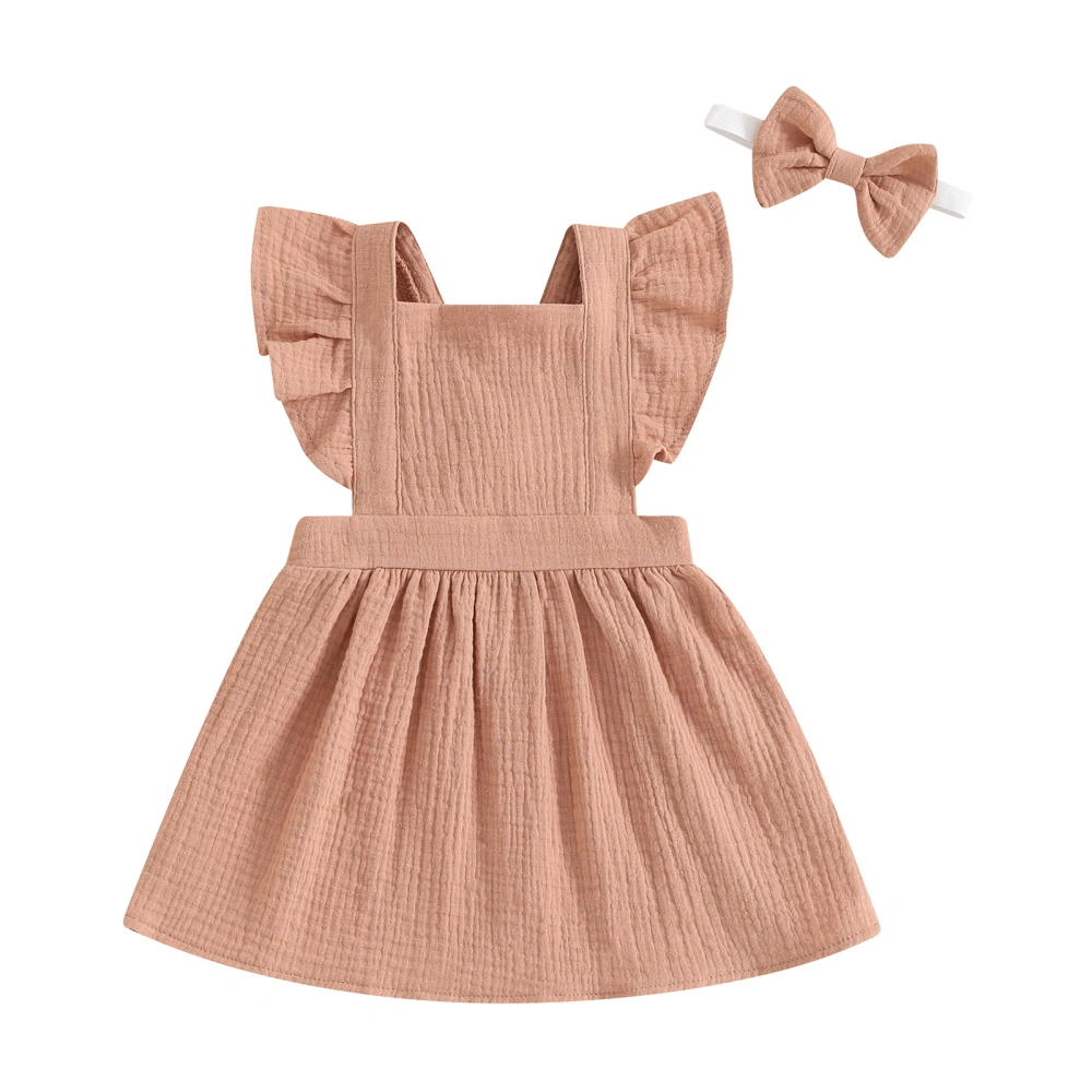 Girls Dress Flying Sleeve Square Neck Solid Color Dress with Headband