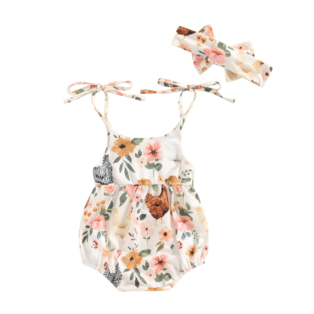 Baby Cami Romper Sleeveless Floral Chicken Print Romper with Headband