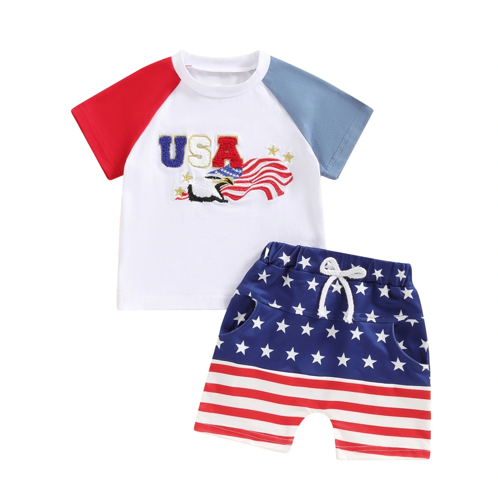 Boy 4th of July Outfit Letter Embroidery Short Sleeve Tops Star Shorts