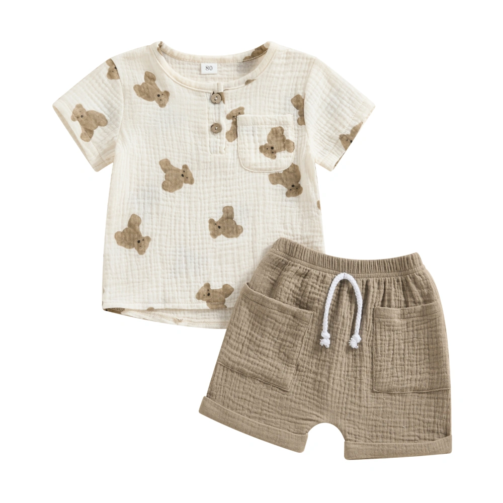 Boy Summer Outfit Bear Print Short Sleeve Pocket Tops Solid Shorts