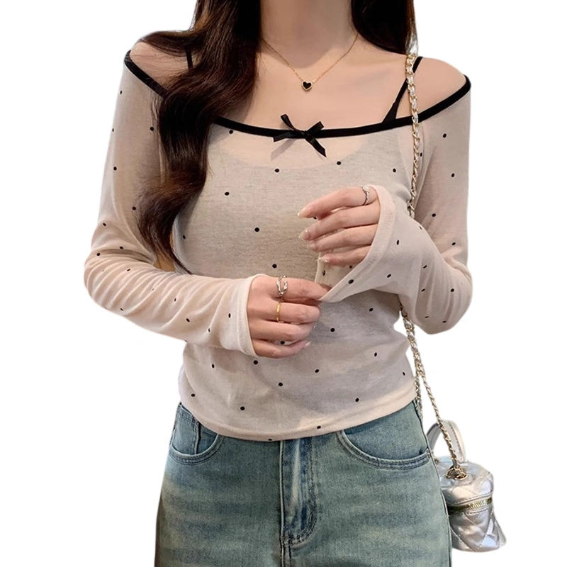 Women 2 Piece Sets Long Sleeve Dot Print T-Shirt & Black Camisole Sets