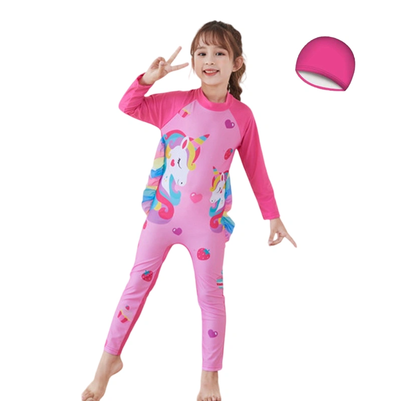 Girls Rash Guard Swimsuit Cartoon Print Bathing Suit with Swim Cap