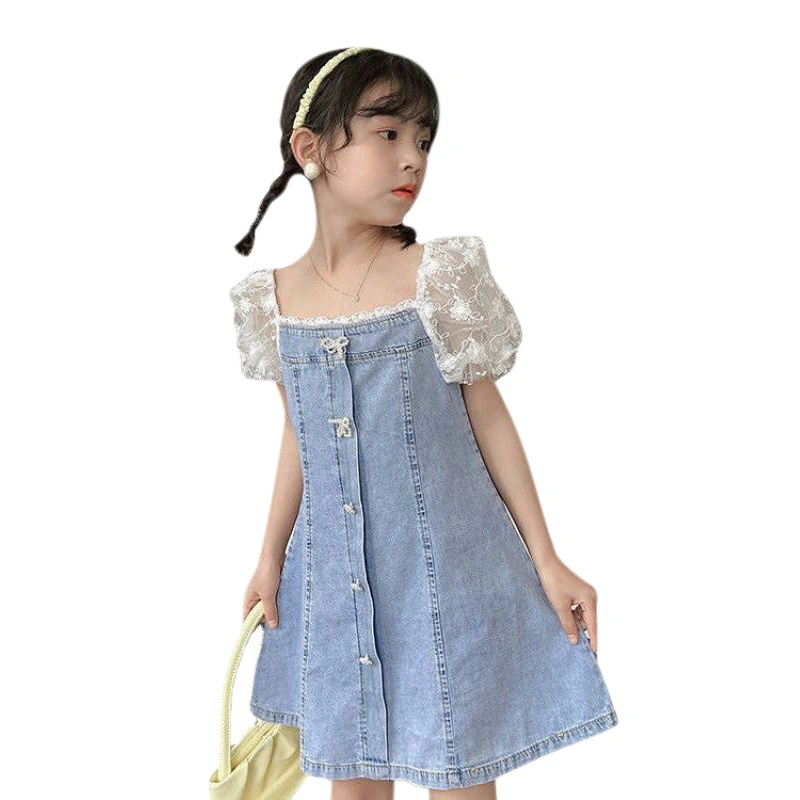 Little Girls Denim Dress Lace Puff Sleeve Princess Dress for Beach