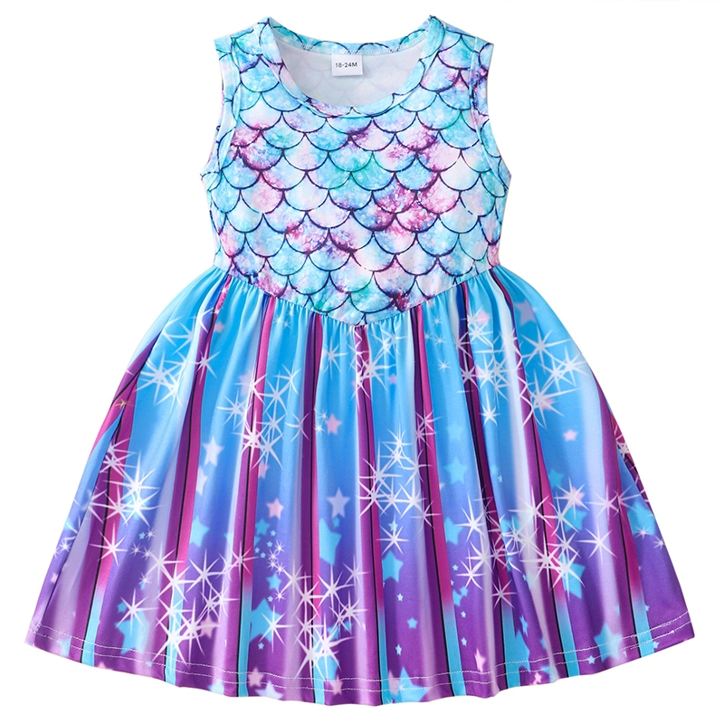 Kids Girls Dress Mermaid Fish Scale Print Round Neck Casual Dress