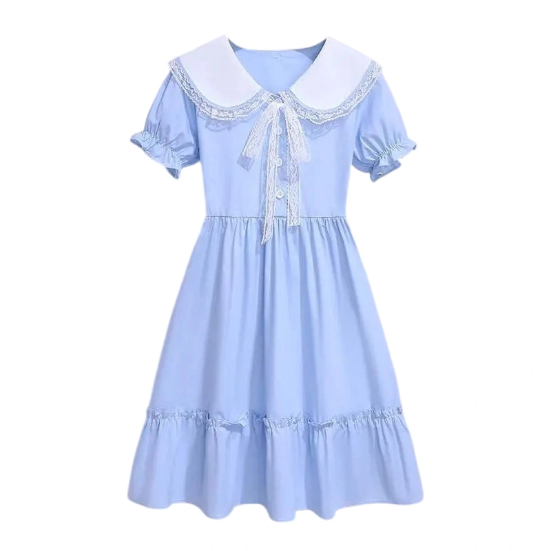 Tween Girl Dress Short Sleeve Lace Trimmed Doll Collar Tiered Dress