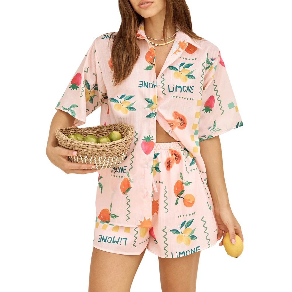 Women Shorts Set, Fruit Print Short Sleeve Shirt with Shorts