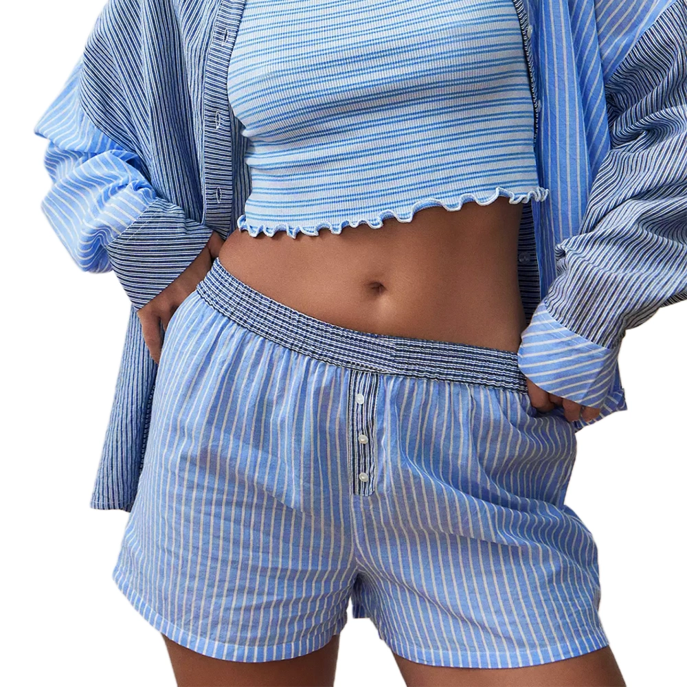 Women’s Loose Striped Shorts Elastic Waist Button Front Boxer Shorts