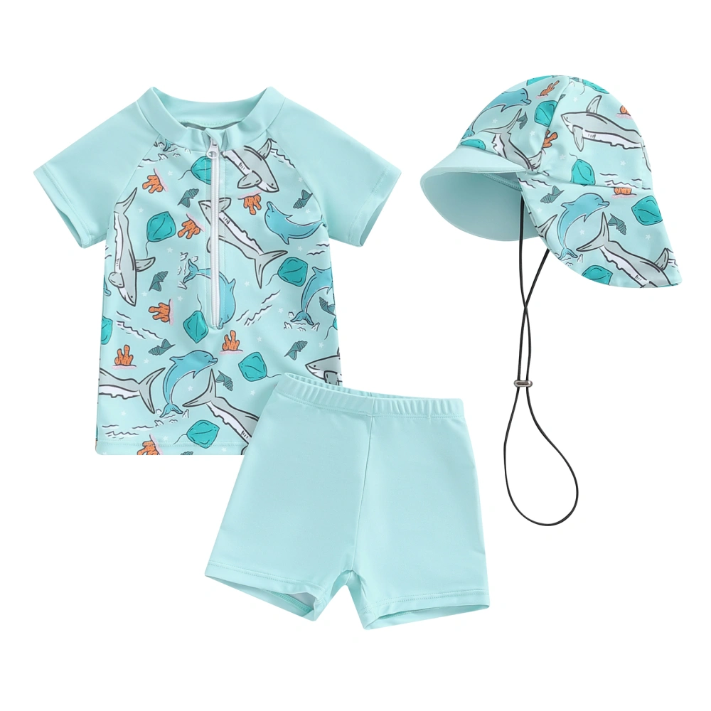 Baby Boys Swimsuit Set Shark Print Rash Guard and Swim Trunks and Hat