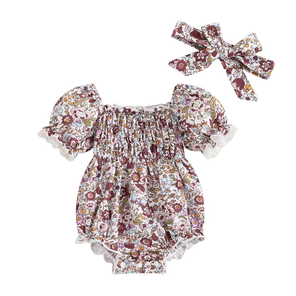 Girl Romper Floral Puff Sleeve Square Neck Jumpsuit Headband