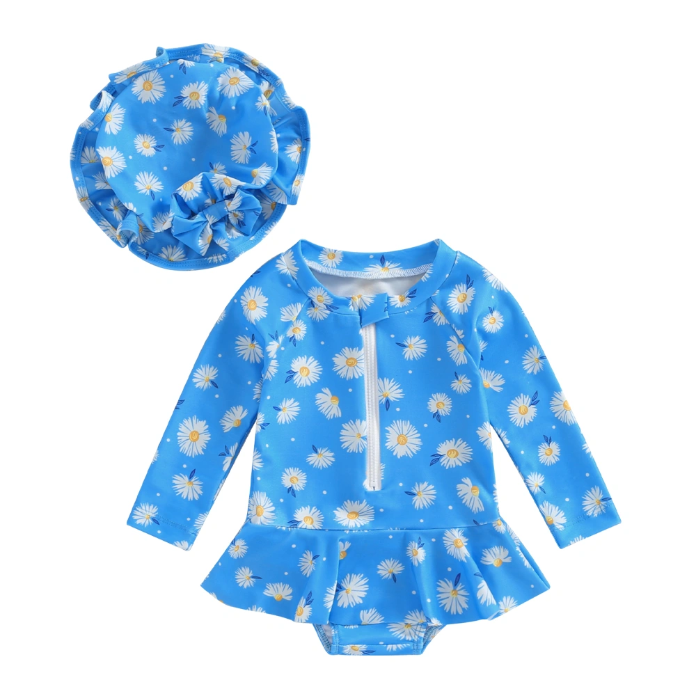 Baby Girls Swimsuit, Flower Print Long Sleeve Bikini with Hat