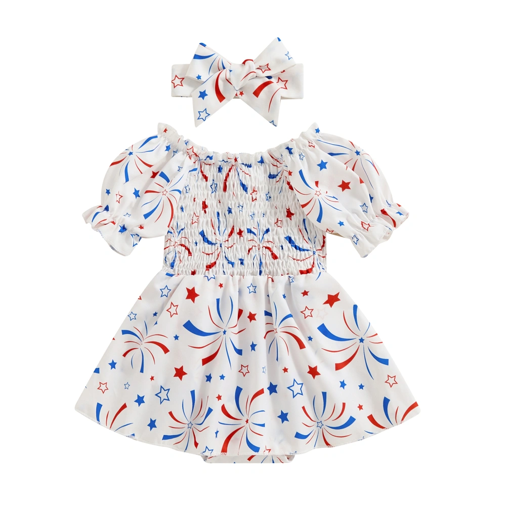 Girl 4th of July Romper Fireworks Print Puff Sleeves Jumpsuit Headband