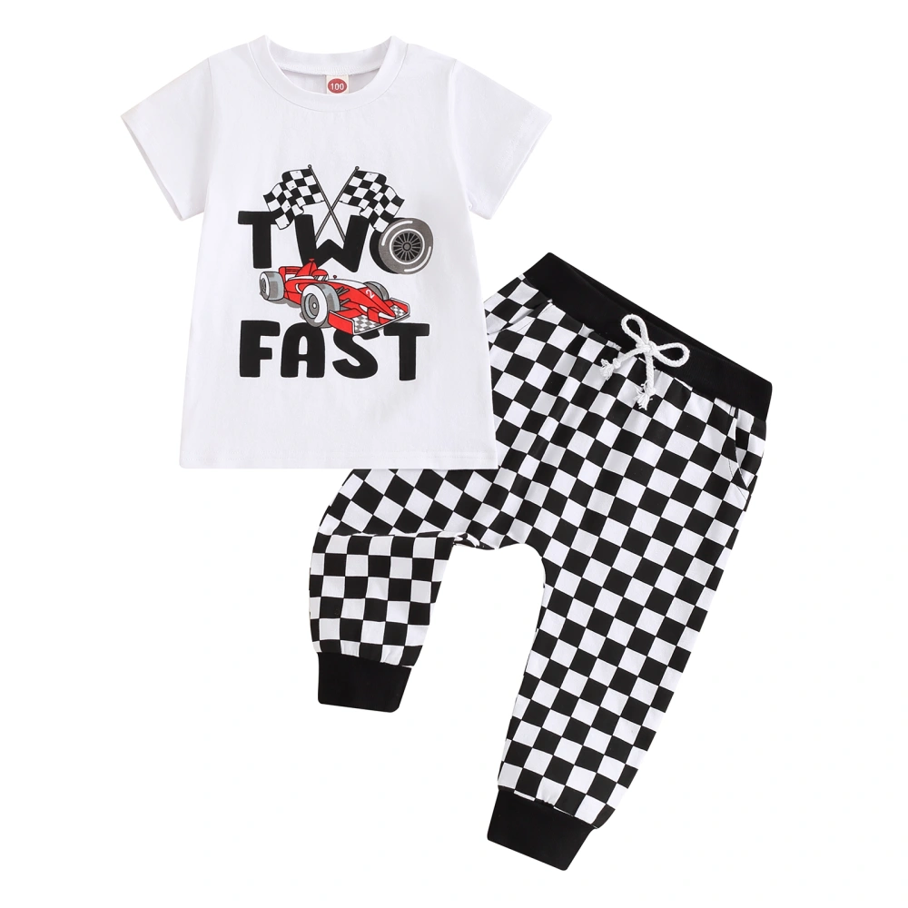 Boys Birthday Outfit Racing Car Print T-Shirt and Checkerboard Pants